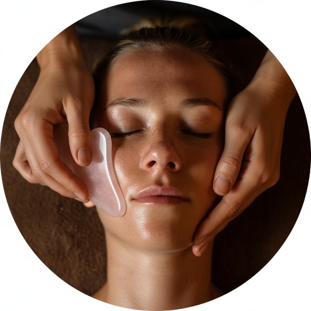 Gua Sha stone tool used during a facial massage in Palatine