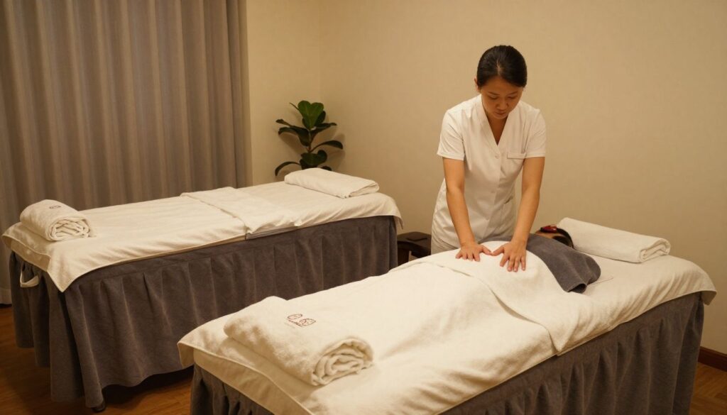 A peaceful and professional massage therapy studio in Palatine, Illinois, featuring soft lighting and a comfortable, inviting atmosphere.