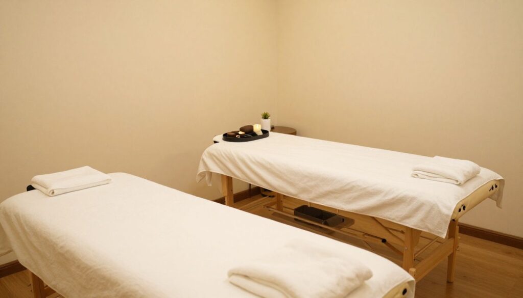 A serene and clean professional massage room in Palatine with soft lighting, warm wooden tones, and a comfortable massage table ready for a client to promote relaxation and holistic well-being.