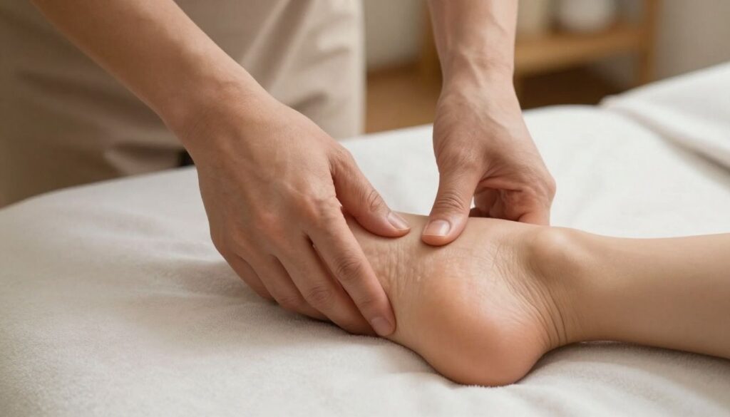 Photorealistic close-up of a calm reflexology session in a clean private Palatine wellness studio, hands applying gentle pressure to a client’s foot, warm natural lighting, peaceful neutral colors, realistic anatomy, no text, no logos, no AI aesthetic, gravity-respecting