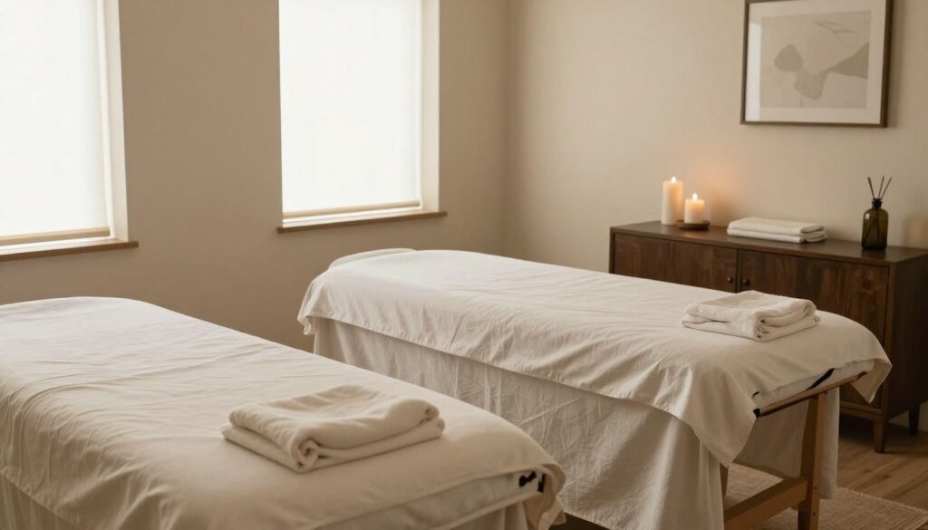 Photorealistic private massage studio in Palatine, Illinois, with a neatly prepared massage table, warm natural light, soft neutral linens, peaceful decor, no people, no text, no logos, no AI aesthetic, and realistic gravity-respecting objects.
