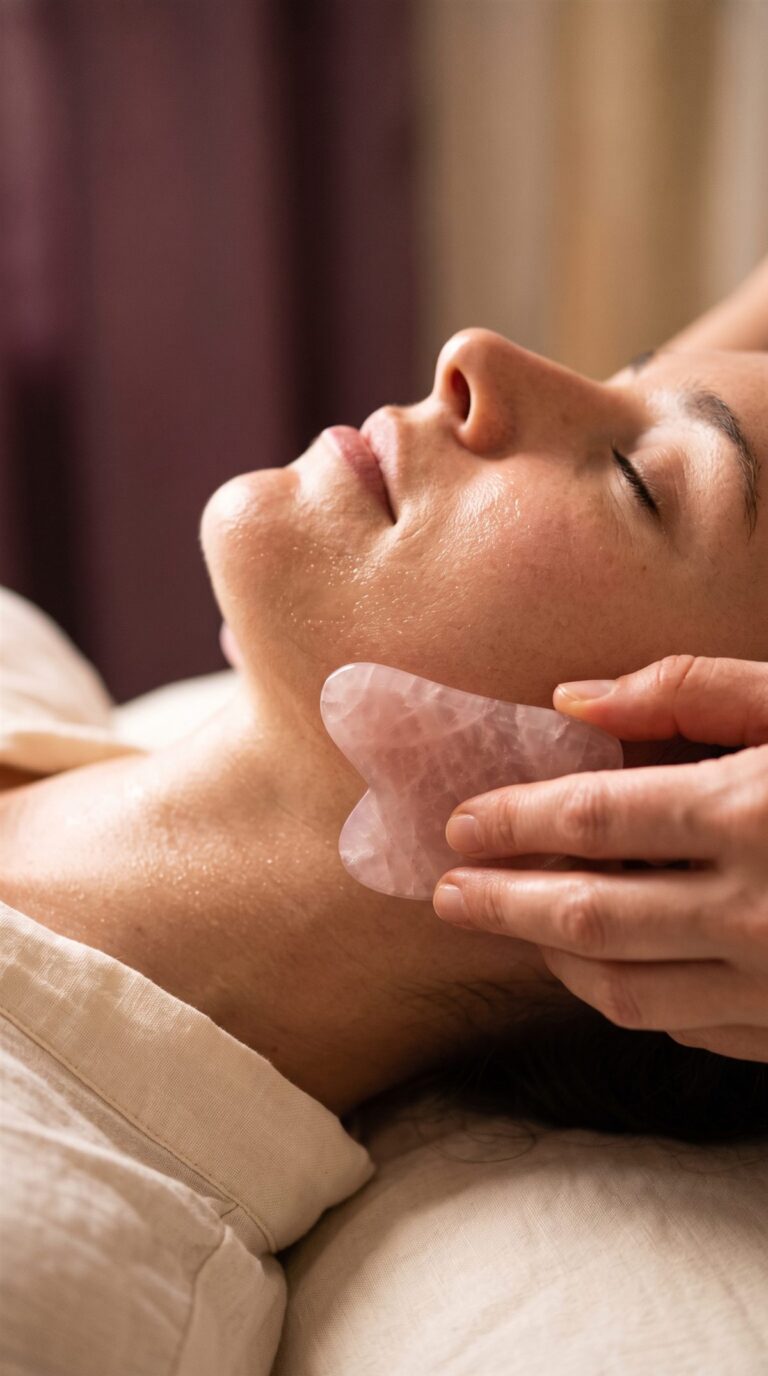 Gua Sha stone gliding along the jawline in a natural face lift session