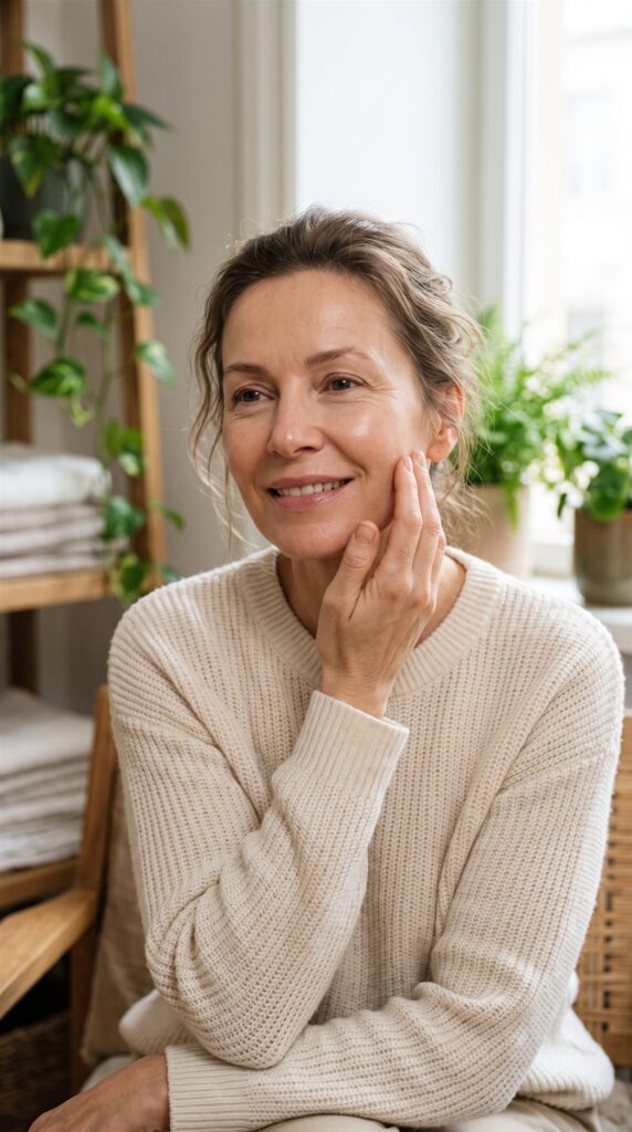 Client with glowing skin after a natural face lift facial