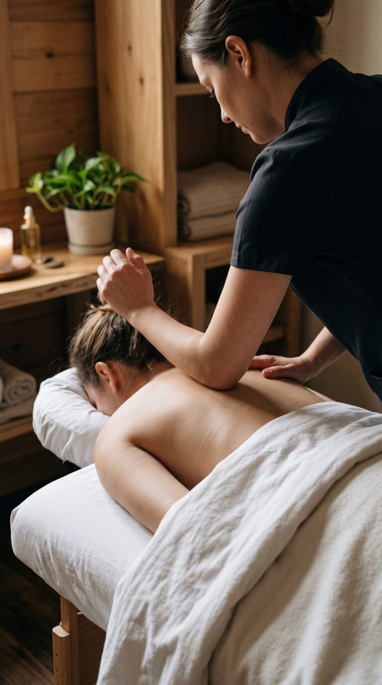 Massage therapist working on upper back knots during a neck and back massage
