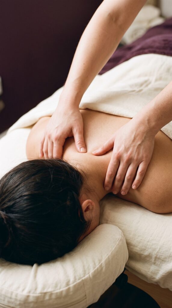Therapist giving a neck and back massage to release shoulder tension