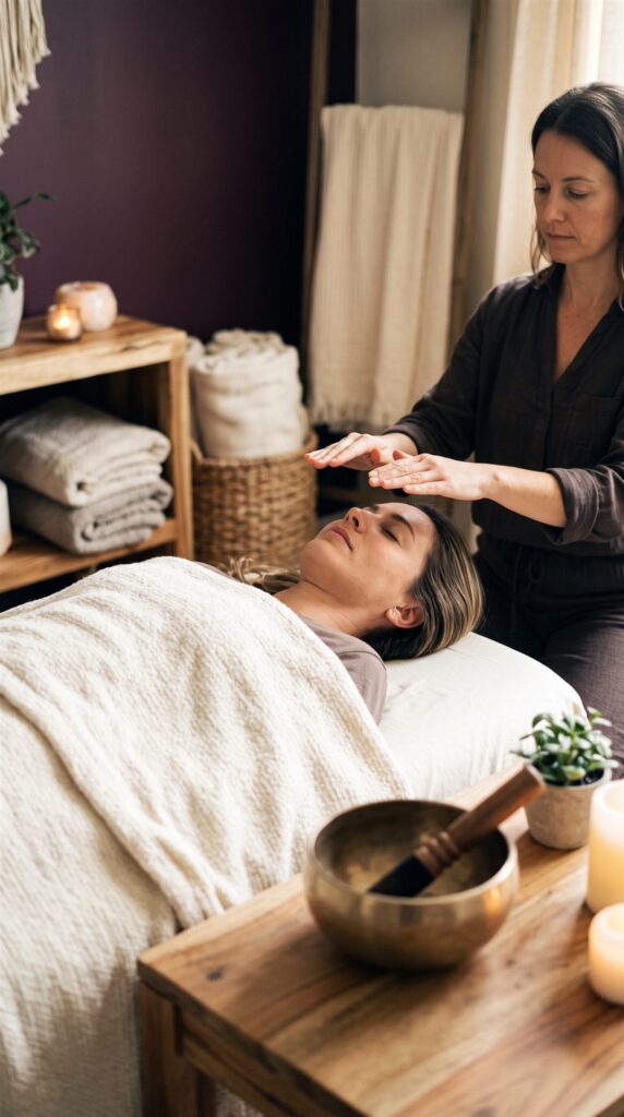 Calm stress relief massage with slow strokes on the back